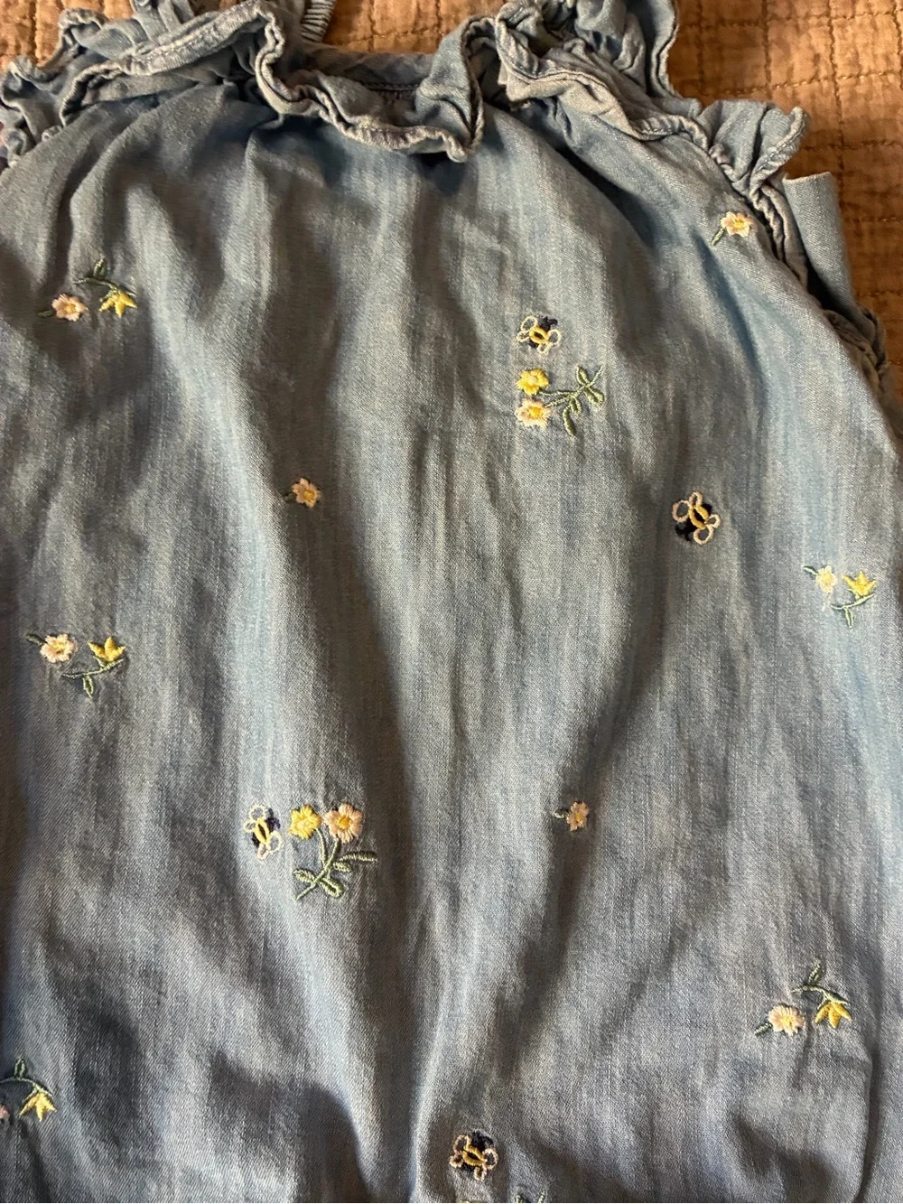 GAP Light Blue Chambray Tank One-Piece with Yellow Floral Embroidery